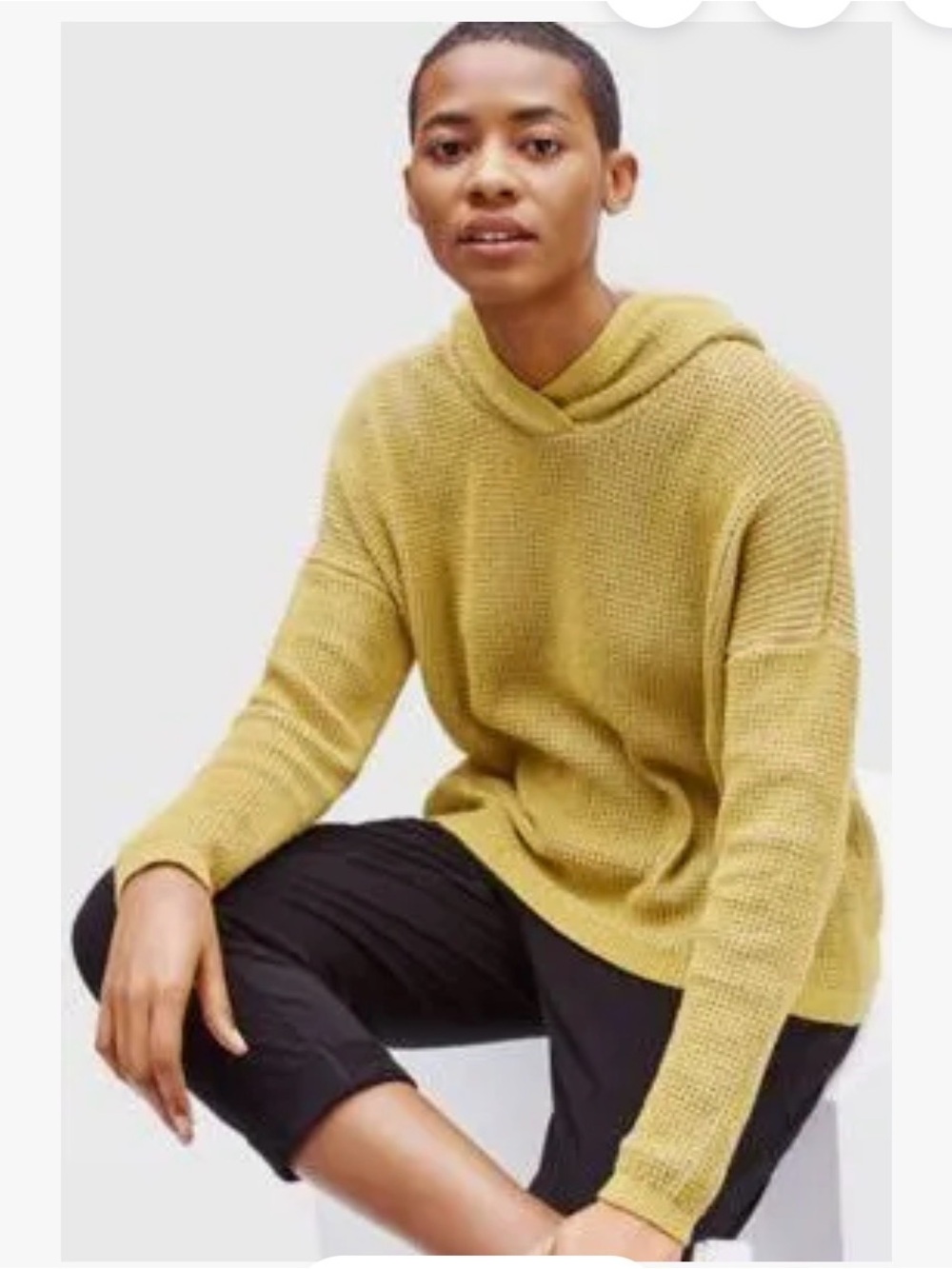 Eileen Fisher Mustard Yellow Waffle-Knit Hoodie Sweater